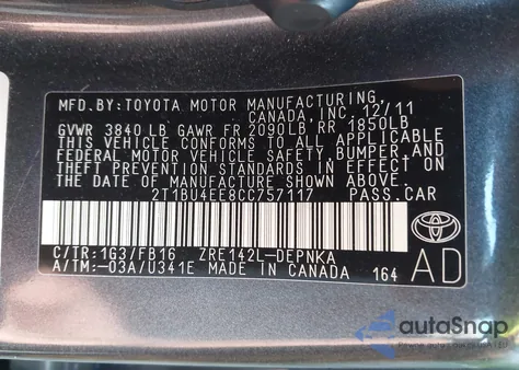 2012 Toyota Corolla Le из США, поврежденный, VIN 2T1BU4EE8CC757117